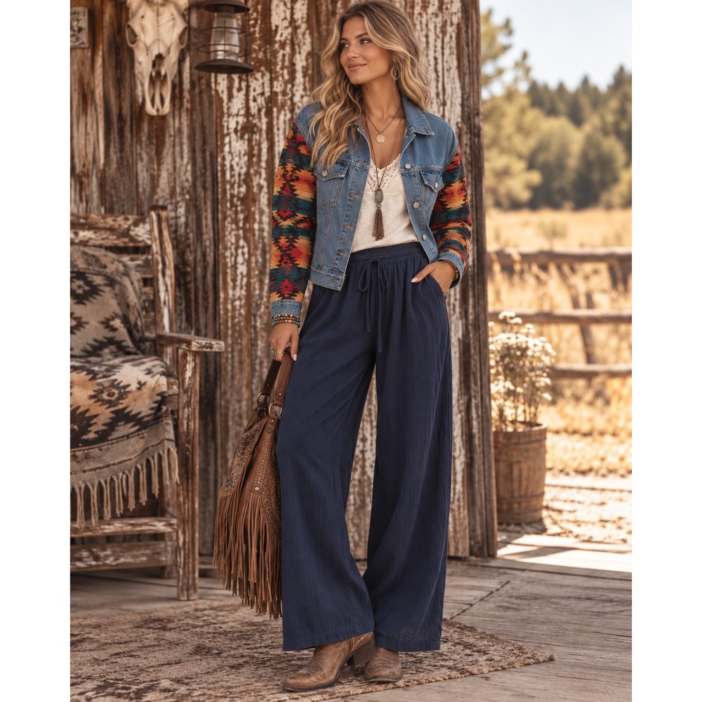 237. New Blue B Collection Aztec Denim Jacket Southwestern Western Wear Boho M